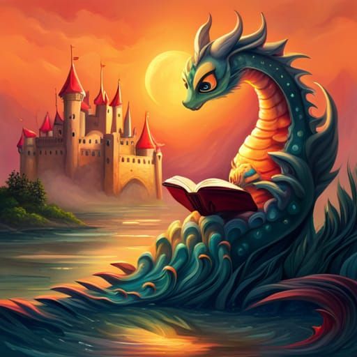 Fire Dragon Baby Reading Book in Fantasy Painting