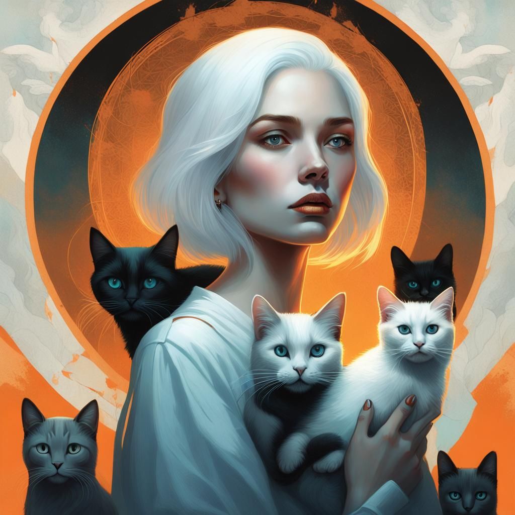 Girl with Cats in Orange Light: Chiaroscuro Portrait
