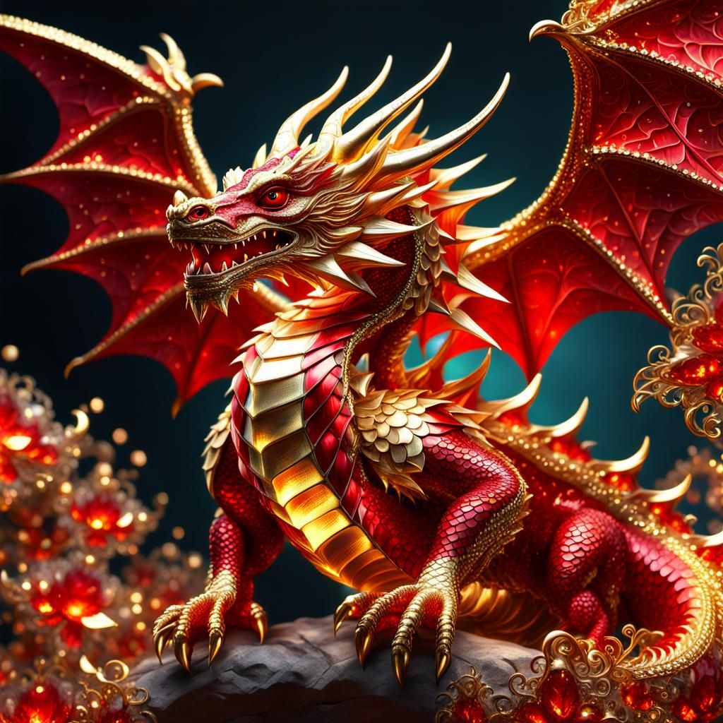 Shimmering Red Dragon with Fractal Gems