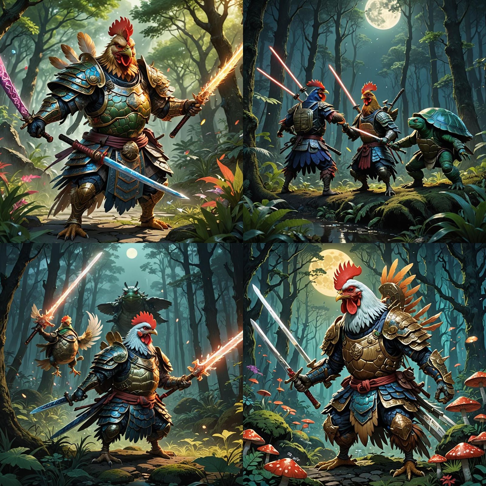 Chicken Samurai Duel in Mystical Ghibli Forest