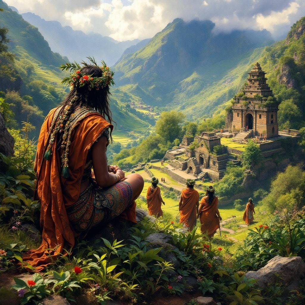 Ancient Beings in Inca Ruins: Gouache Impressionist Style