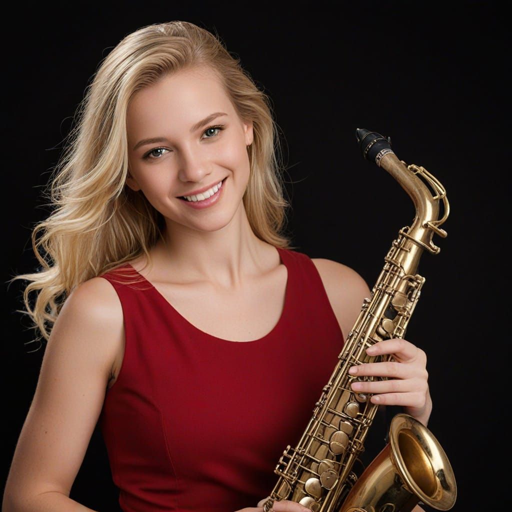 Blond Woman in Red Dress Plays Saxophone
