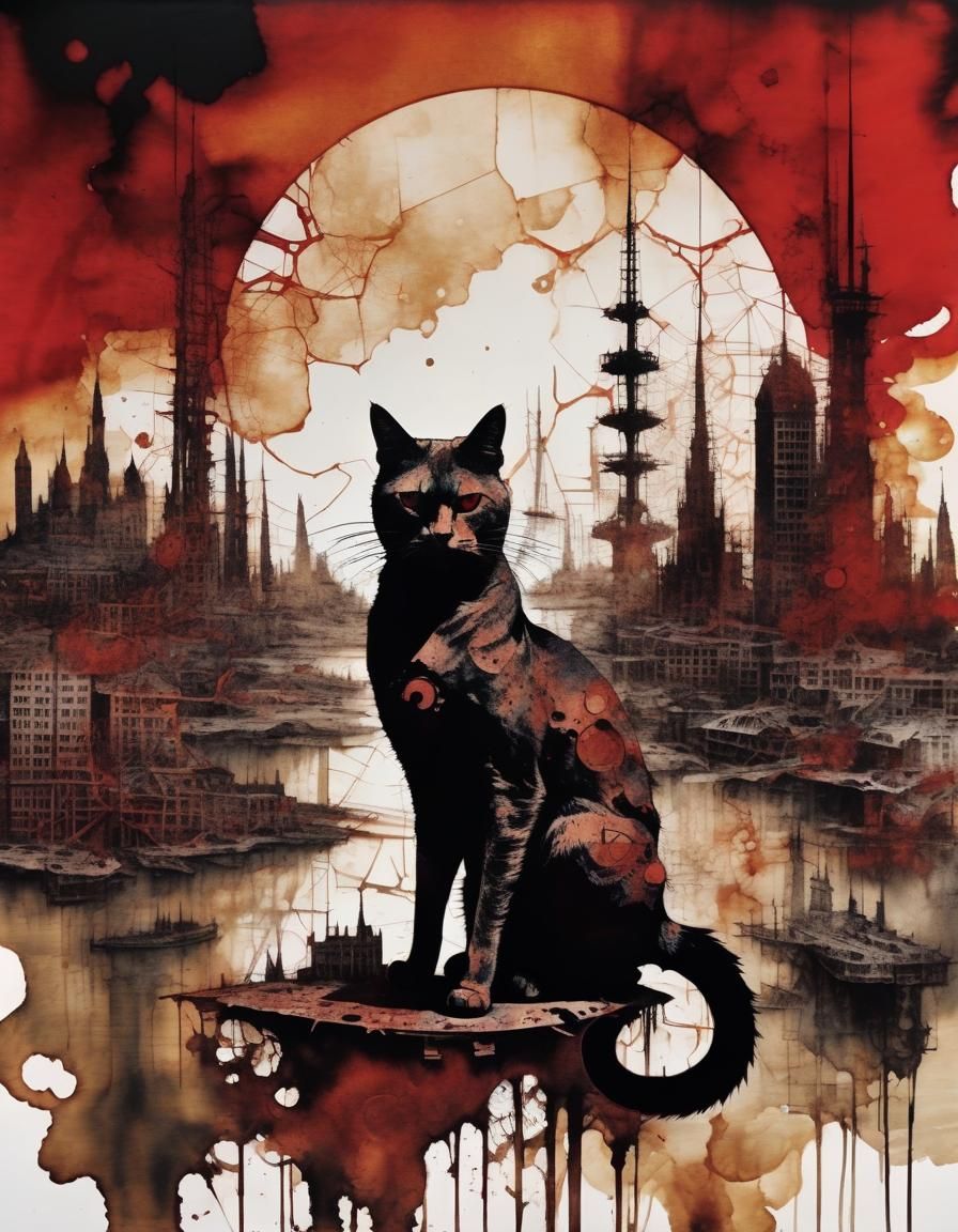 Shadow Cat Silhouette in Red Ink Print