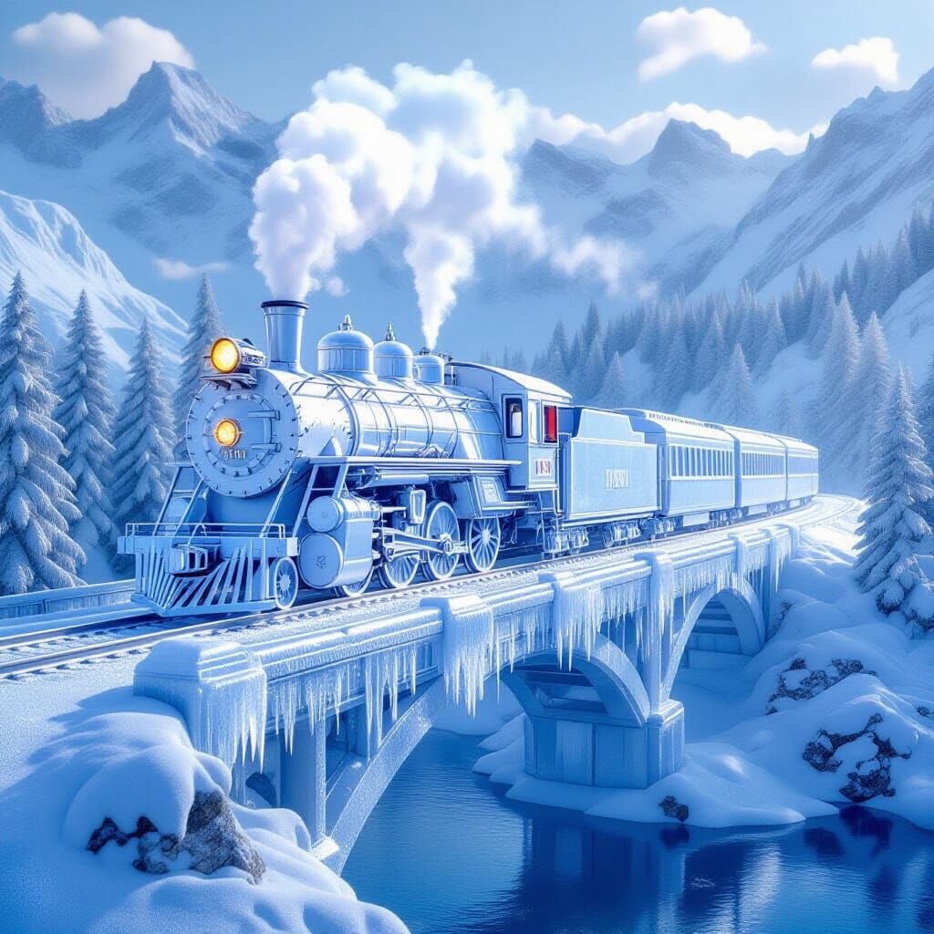 Luminous Ice Crystal Locomotive on Frosty Bridge