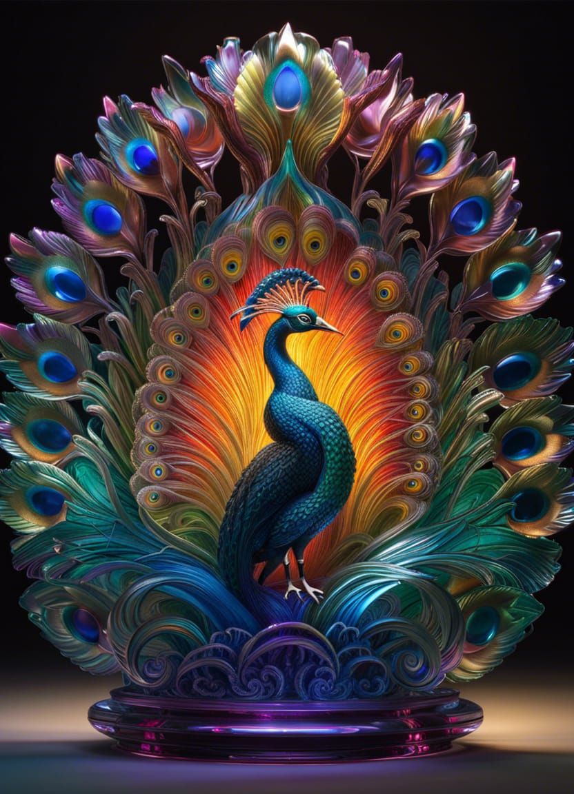 Glowing Rococo Glass Peacock Sculpture in Crystal Style