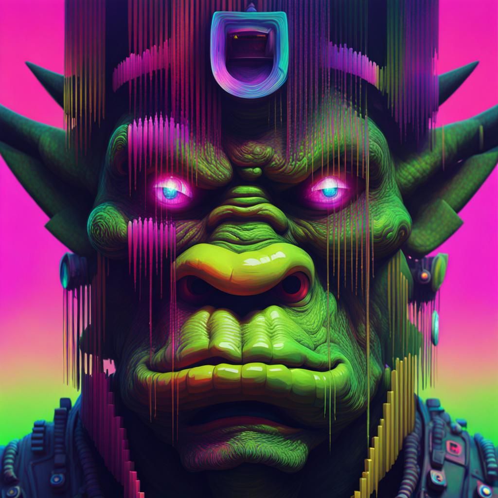Glitchcore Ork Portrait in Iridescent Pixelscape