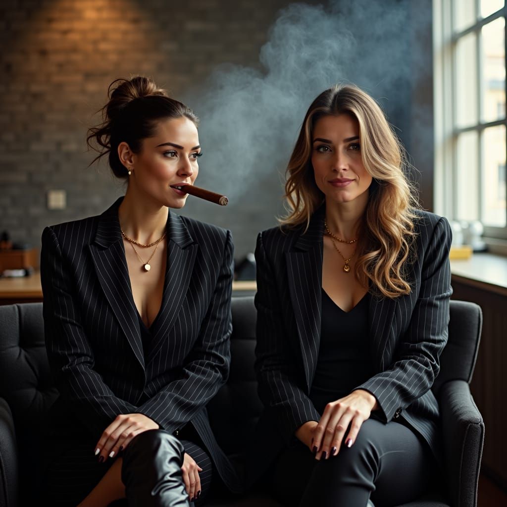 Businesswomen Smoking Cigars in Smoky Office