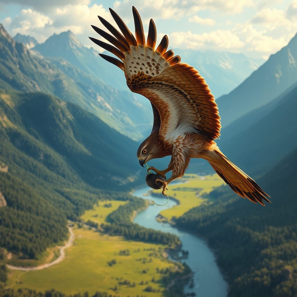 Red-Tailed Hawk Soaring Over Valley With Prey