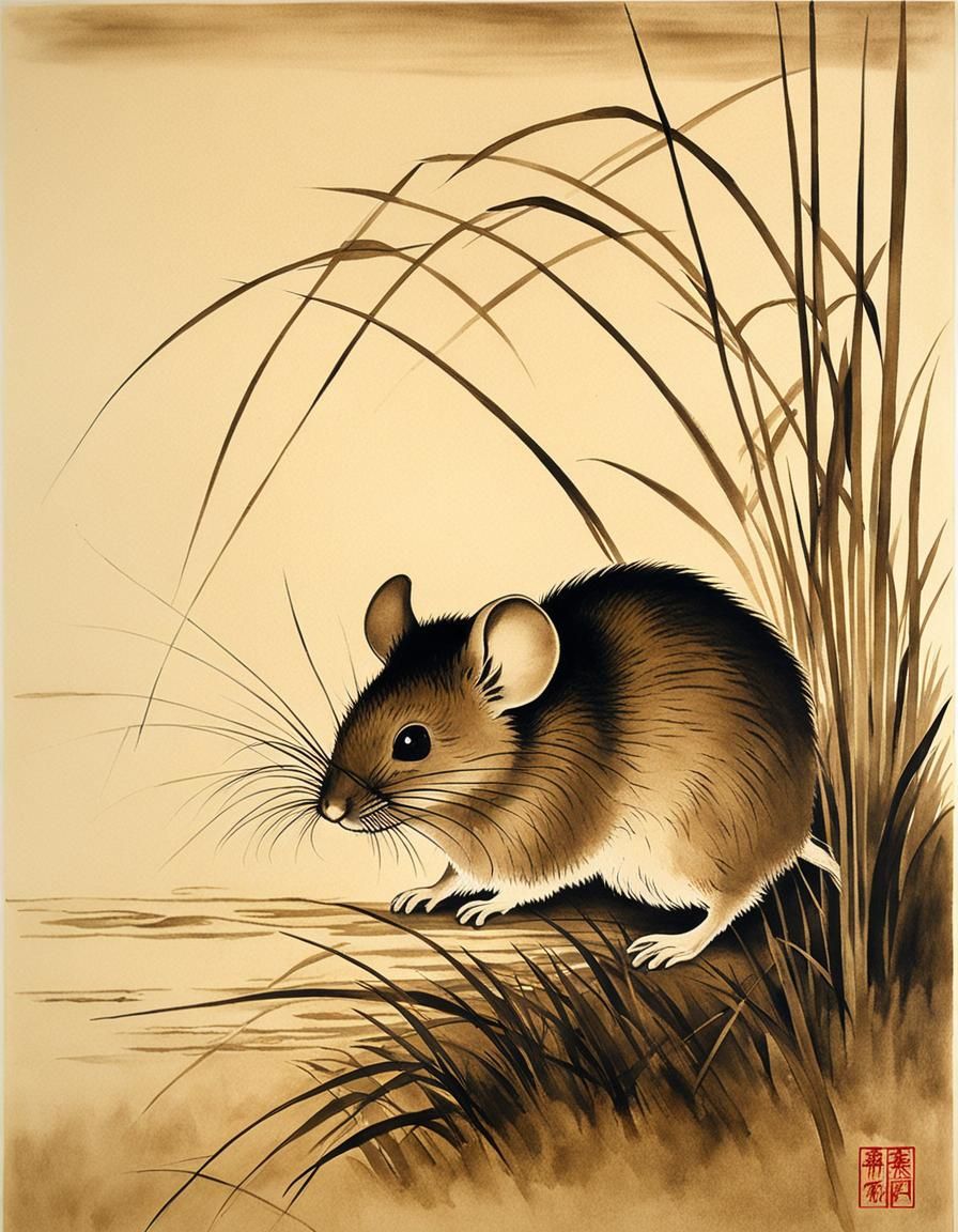 Mouse in Rice Field: Sepia Ink Wash Painting