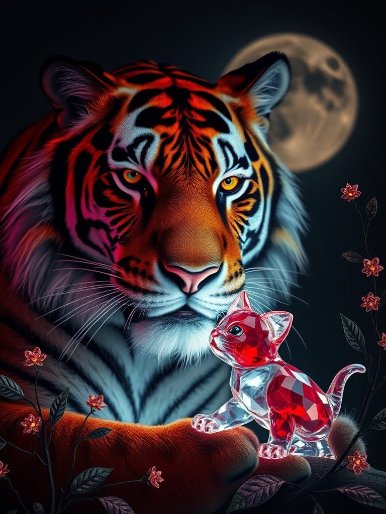 Regal Tiger in Ethereal Moonlight, with Glass Kitten and Del...