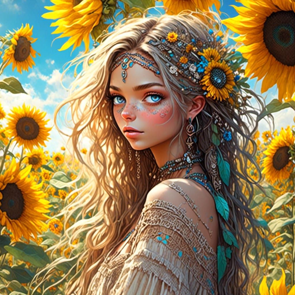 Boho Hippy in Sunflower Field: Digital Art