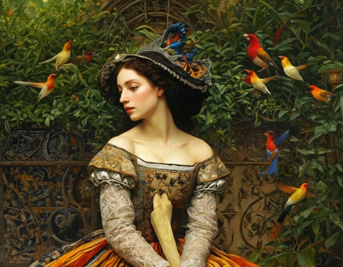 Medieval Girl in Secret Garden with Exotic Birds