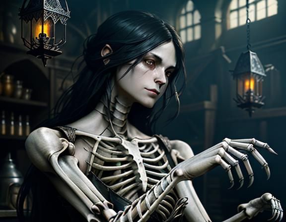 Furry Skeleton Cleans Bones in Dark Fantasy Workshop