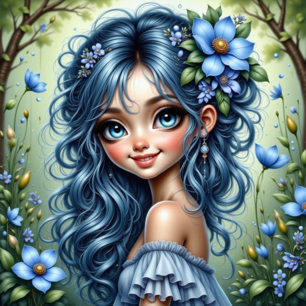 Cute Flower Fairy with Blue Hair and Raindrops