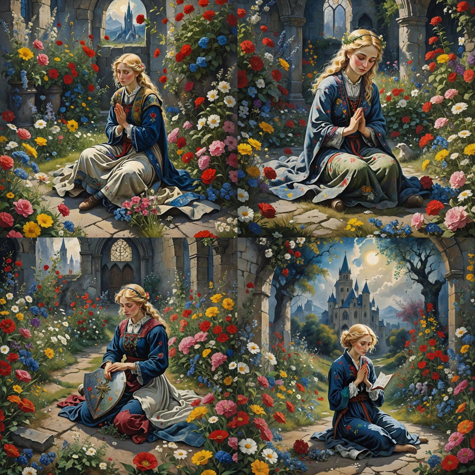 Lonely Woman Praying in Chagall Style with Flowers