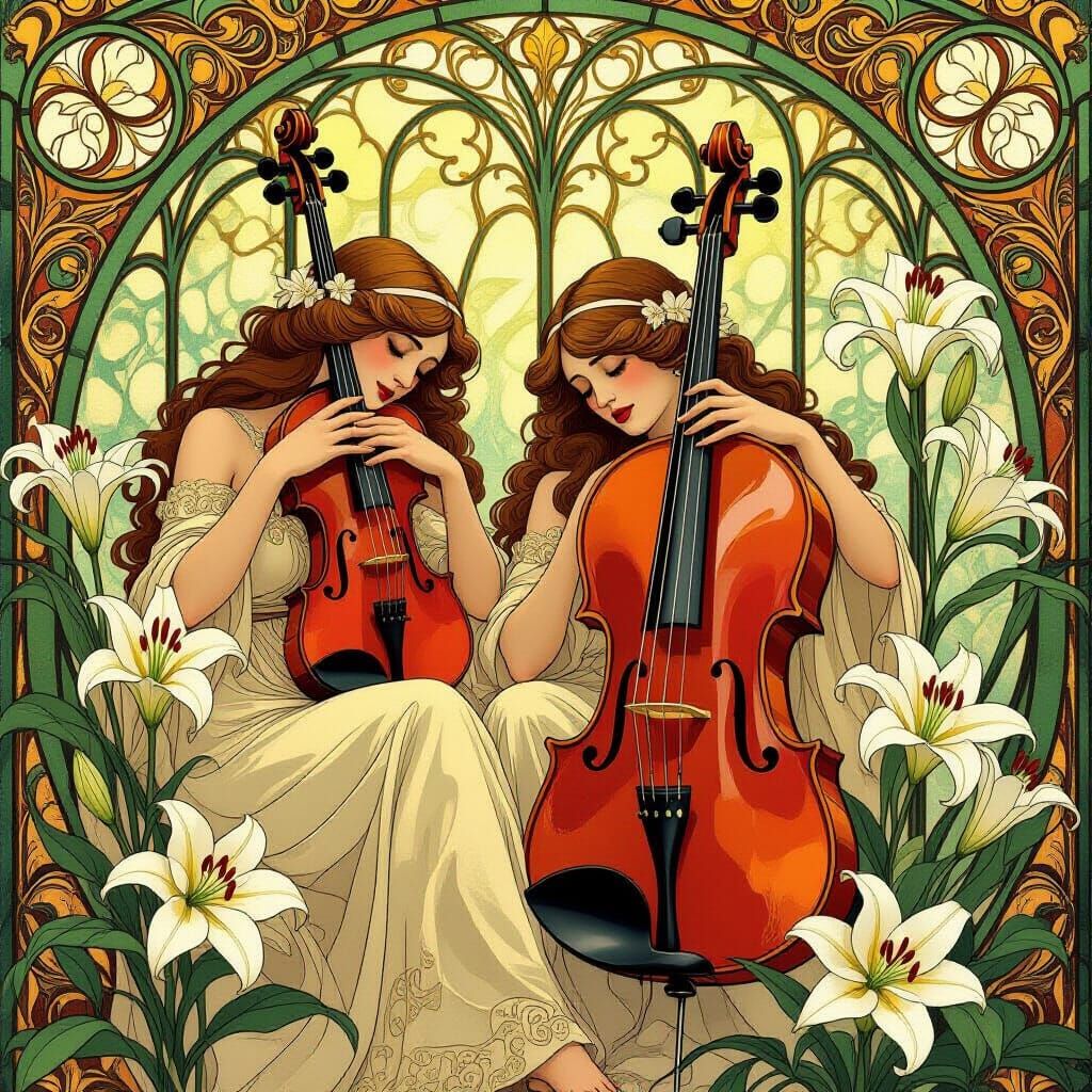 Art Nouveau Violin and Lily Illustration with Golden Light