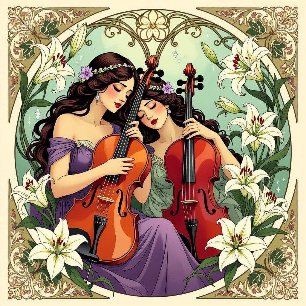 Art Nouveau Violins and Lilies Illustration