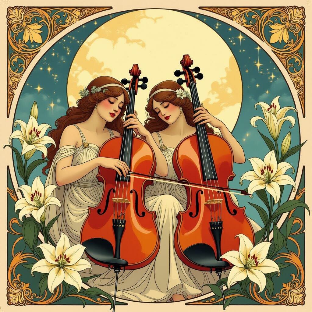 Art Nouveau Violins and Lilies in Moonlight