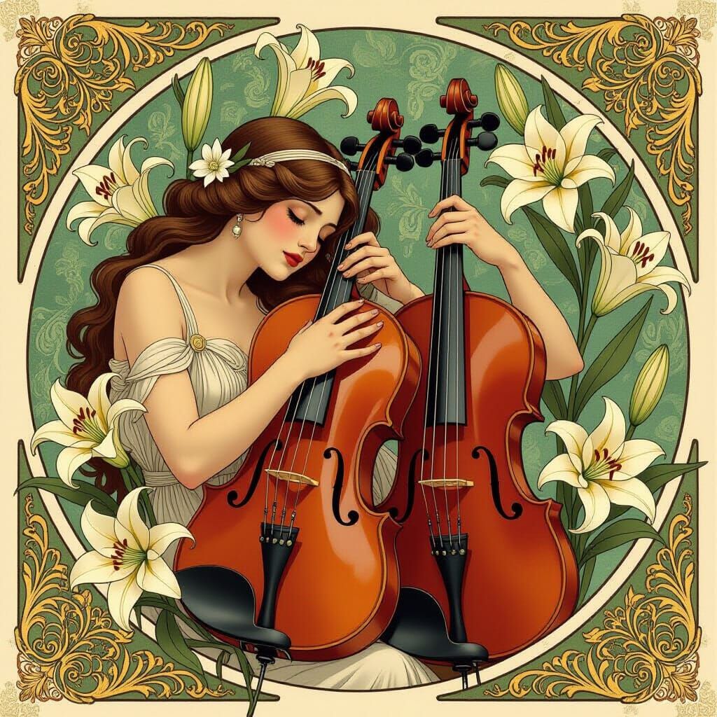 Art Nouveau Violins and Lilies in Melancholic Elegance