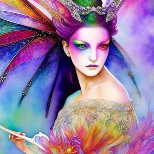 Rainbow Dragonfly Portrait in Watercolor Style