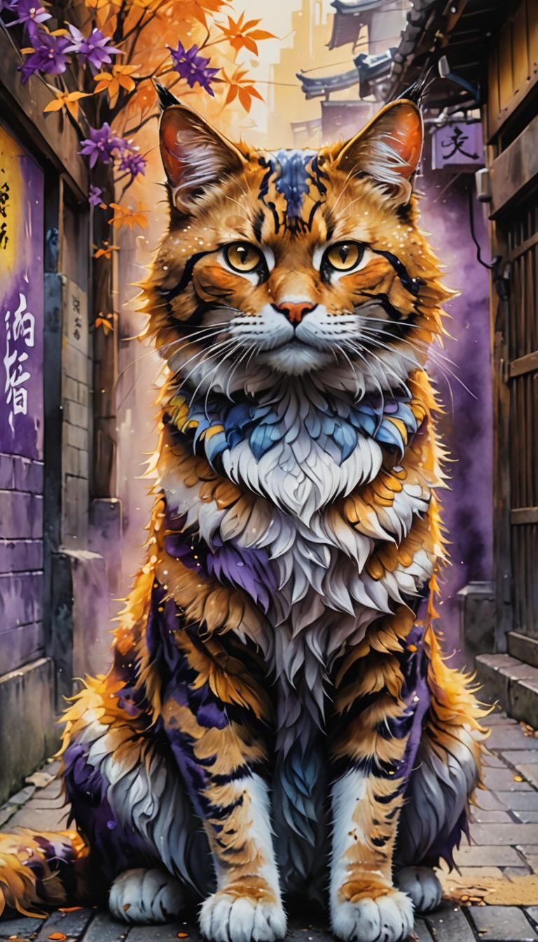 Mystical Bakeneko Portrait in Watercolor and Oil