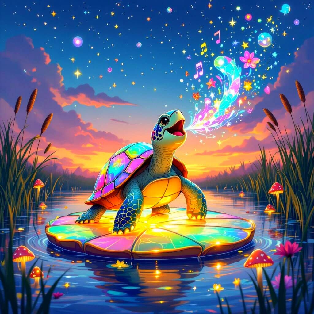 Singing Turtle in a Psychedelic Ghibli Forest