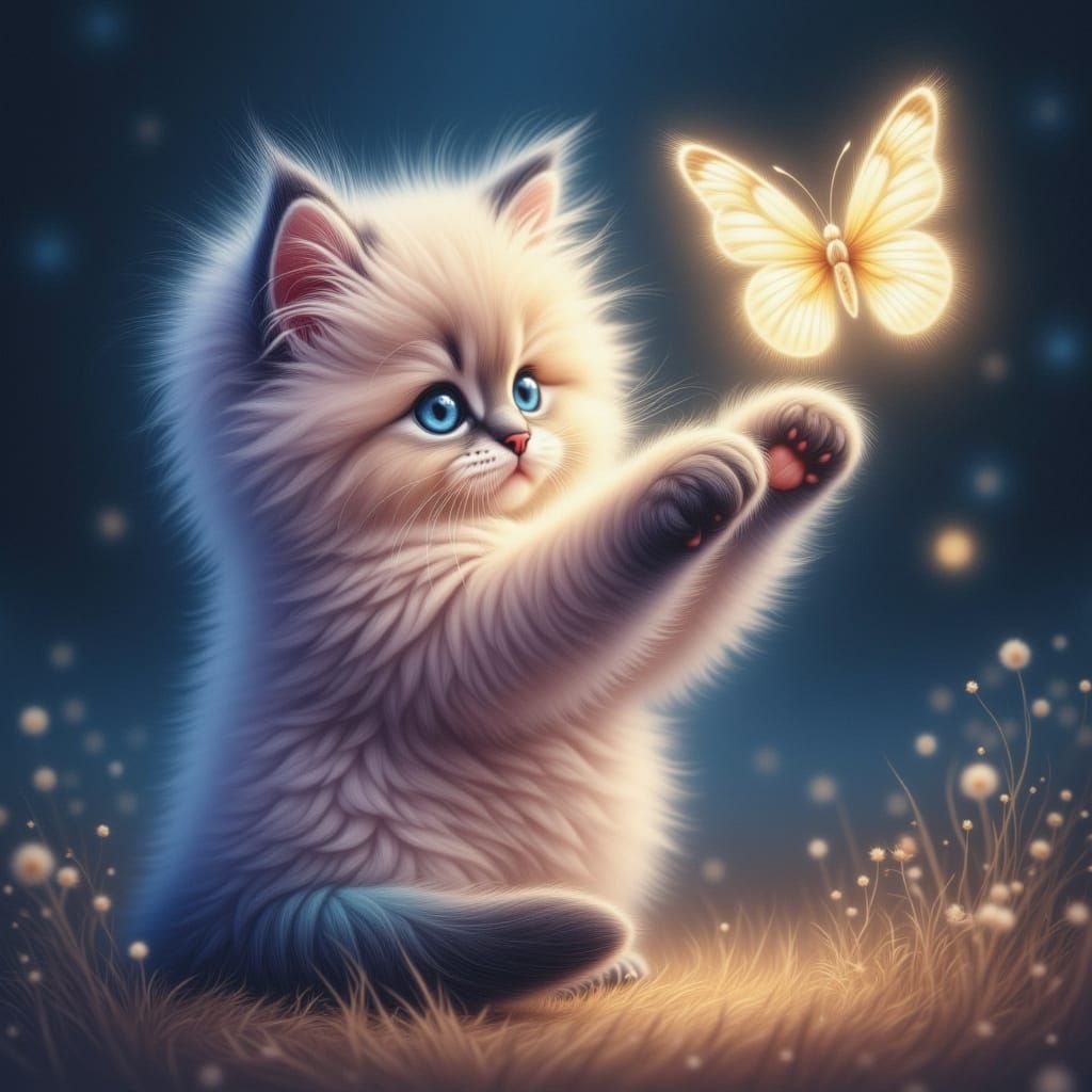 Iridescent Kitten with Glowing Butterfly in Moonlit Garden