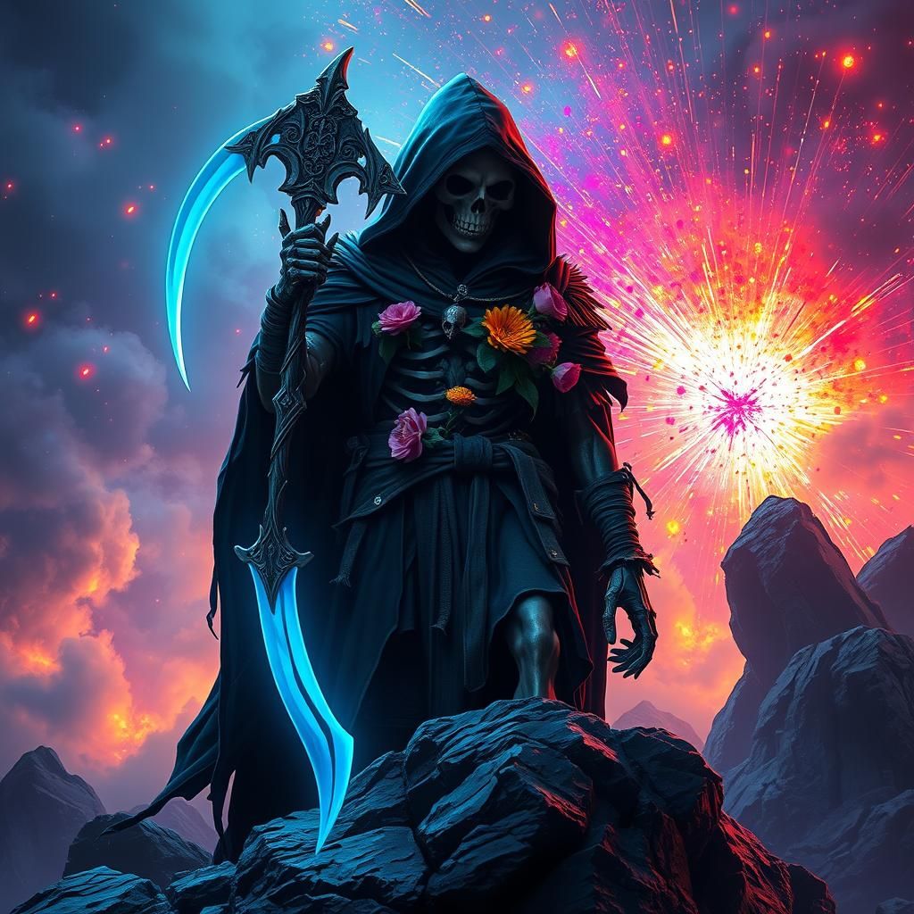 Grim Reaper with Flowers on Rocky Outcrop