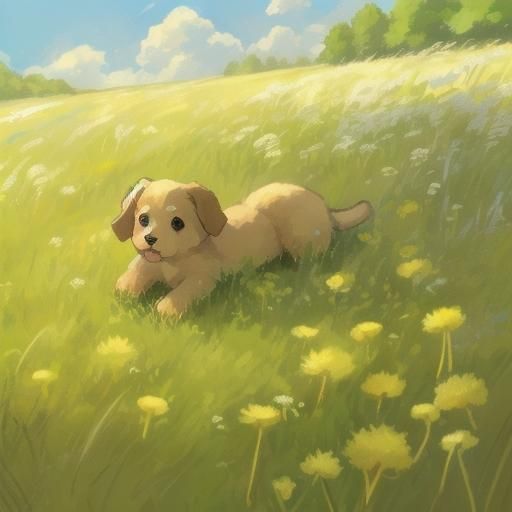 Puppy and Dandelions in Sunny Meadow
