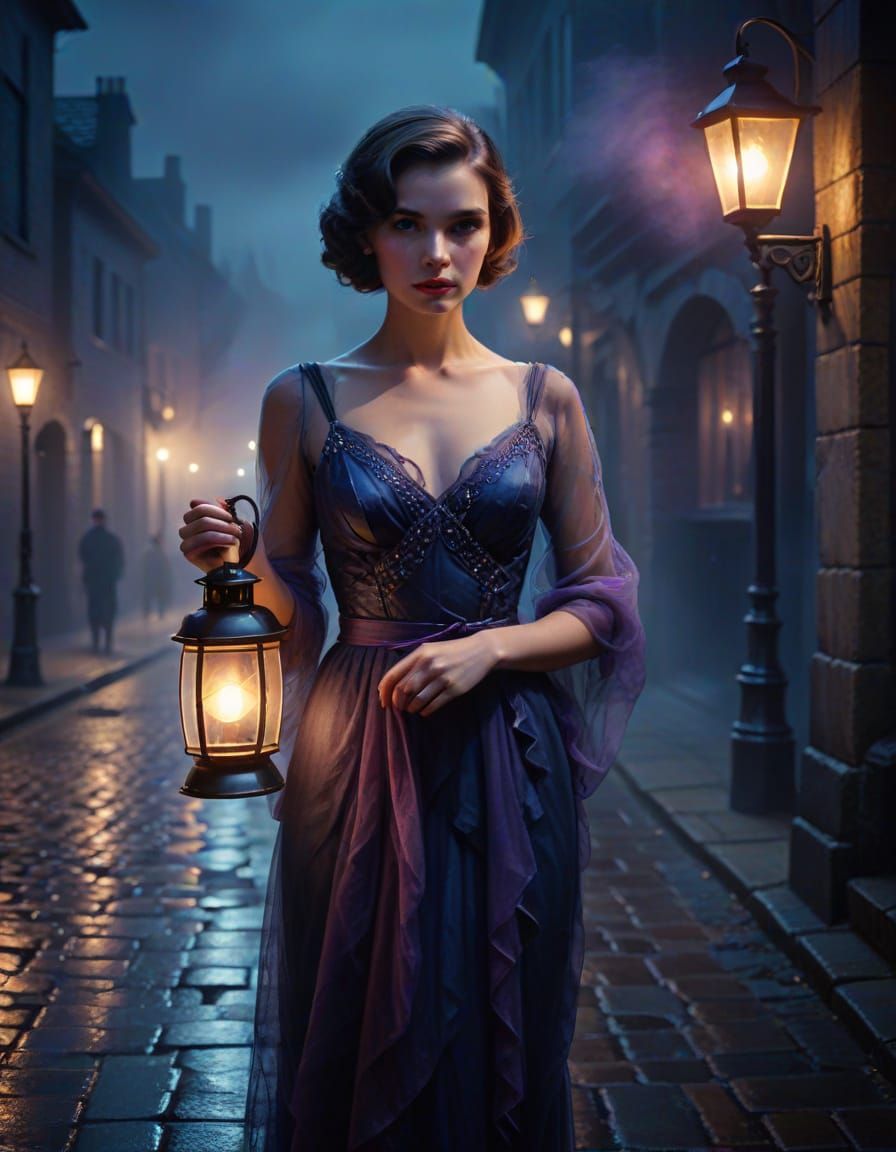 A lone, elegant woman in a flowing, futuristic vintage gown ...