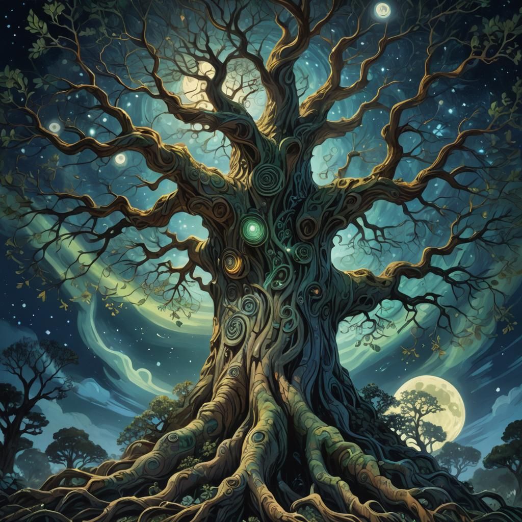 Mystical Tree with Glowing Roots in Fantasy Concept Art