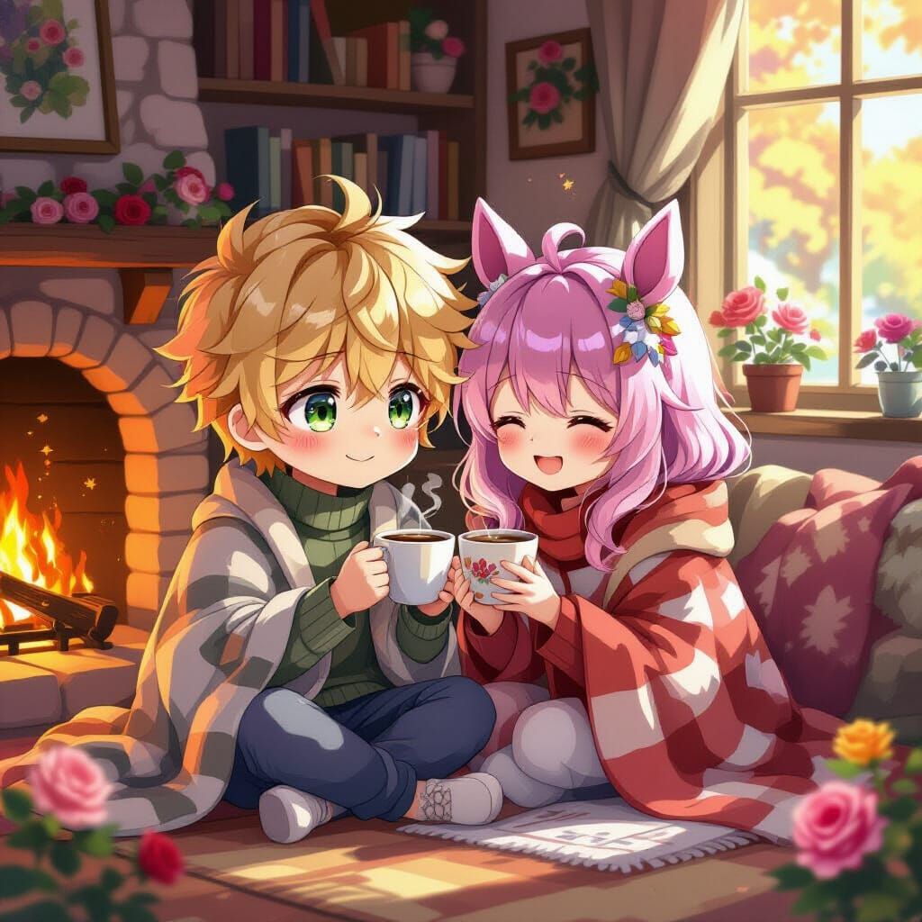 Anime Couple's Cozy Morning Selfie with Autumn Sunlight