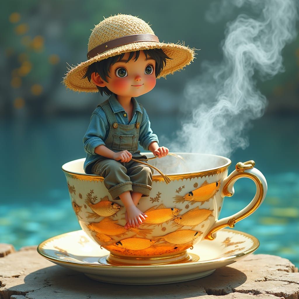 Whimsical Fisherman on Teacup with Iridescent Fish