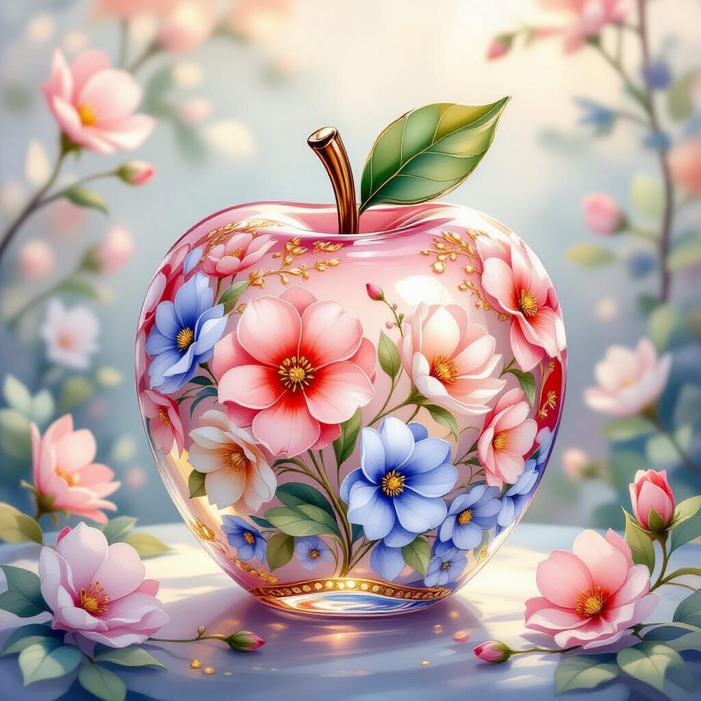 Crystal Apple with Coral and Gold Flowers
