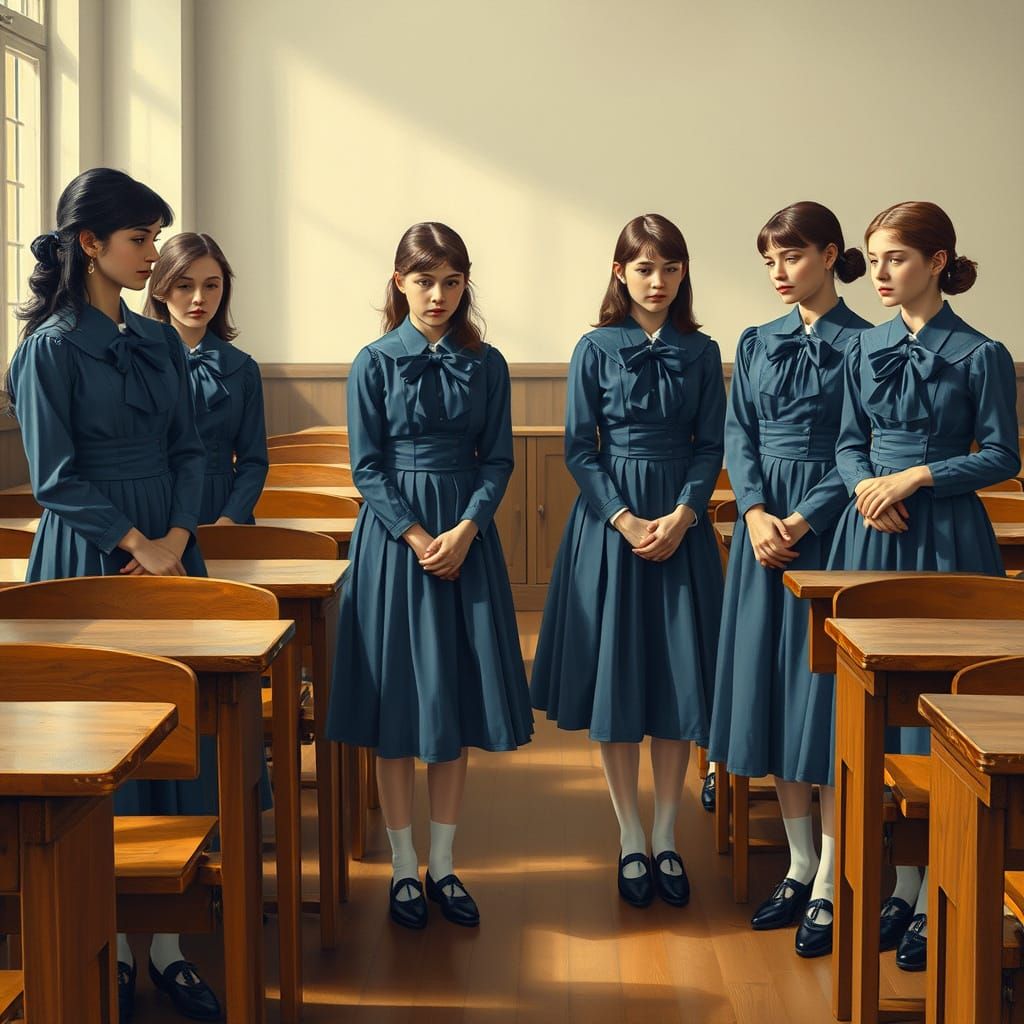 Victorian-Inspired Schoolgirls in Elegant Blue Pinafore Unif...