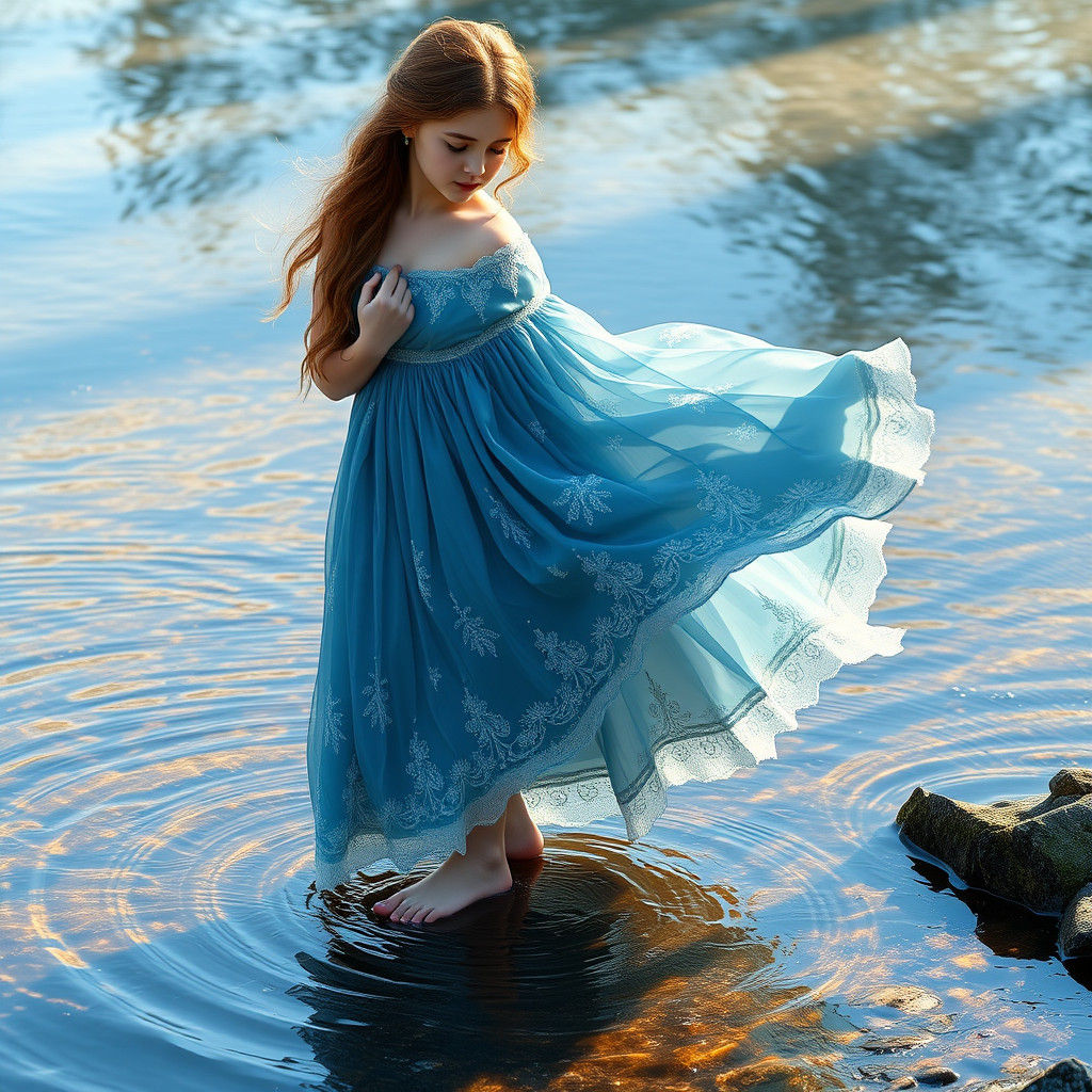 Ethereal Lady in Blue Silk Dress: Romantic Portrait