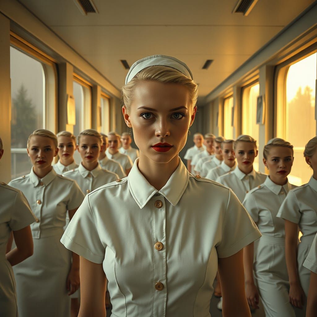 Cybernetic Women in Dystopian Corridor