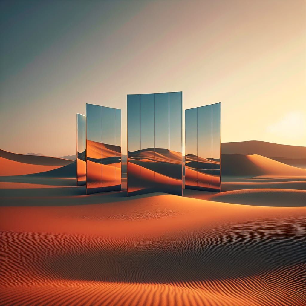 Serene Desert with Reflective Glass Panels