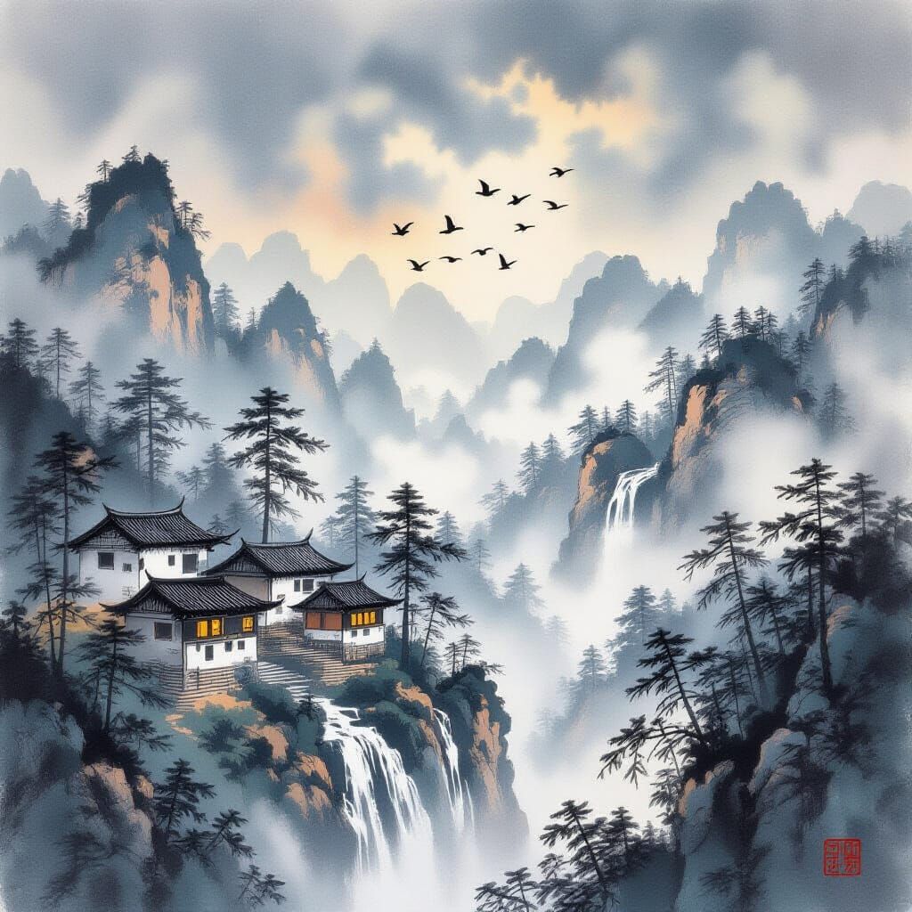 White Dew Morning: Ink Wash Mountain Scene