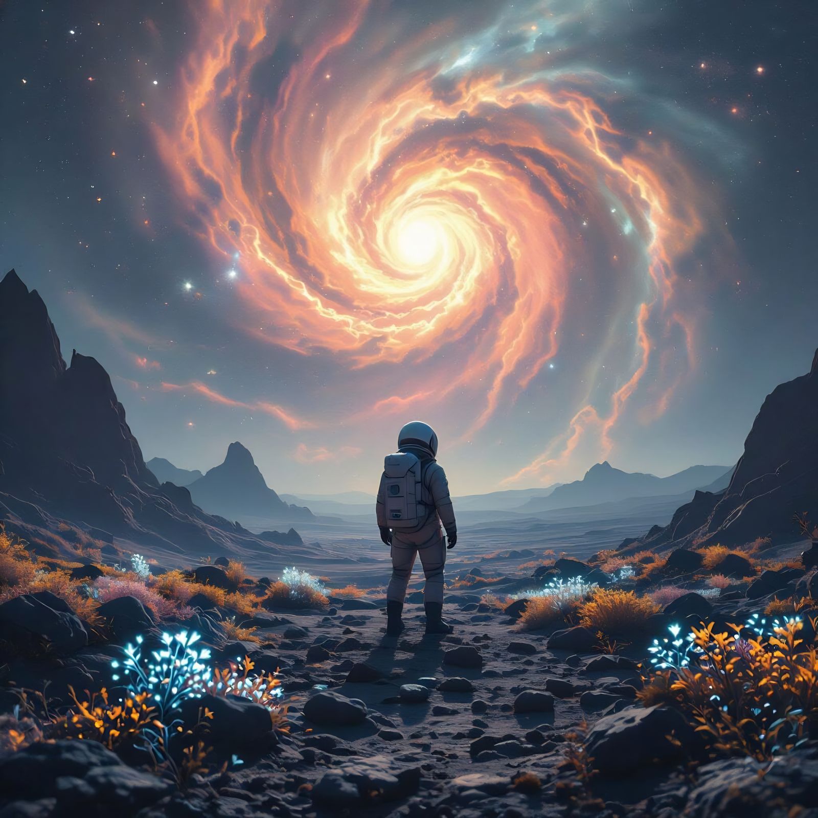 Astronaut on Alien Planet with Bioluminescent Flora