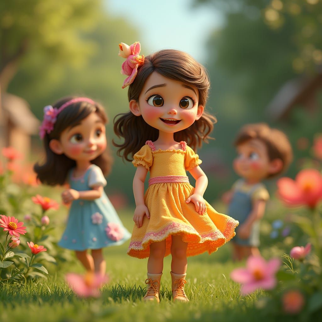 Nanny Surrounded by Children in Floral Garden, Pixar Style