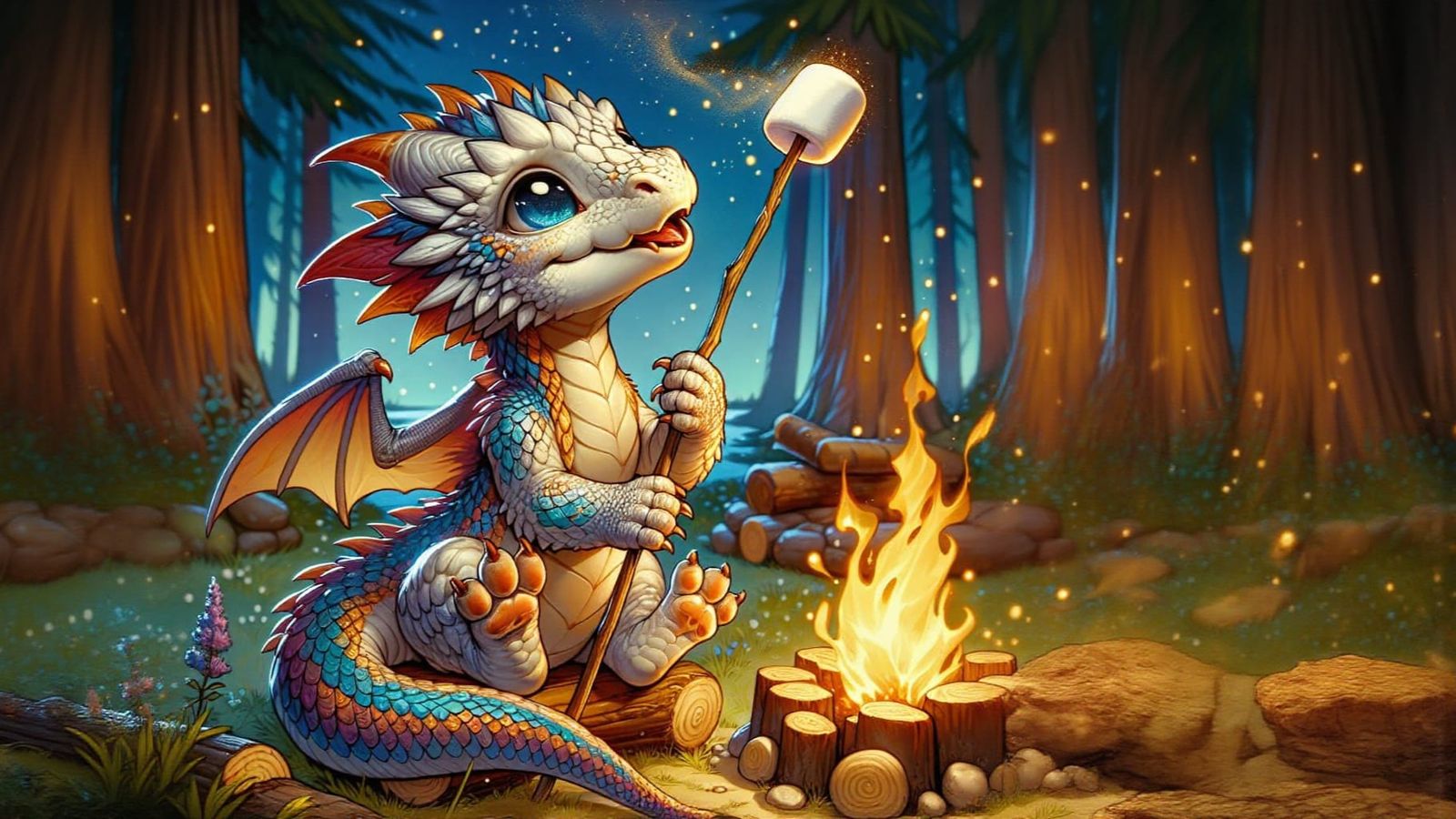 Whimsical Dragon Roasts Marshmallow Under Starry Campsite
