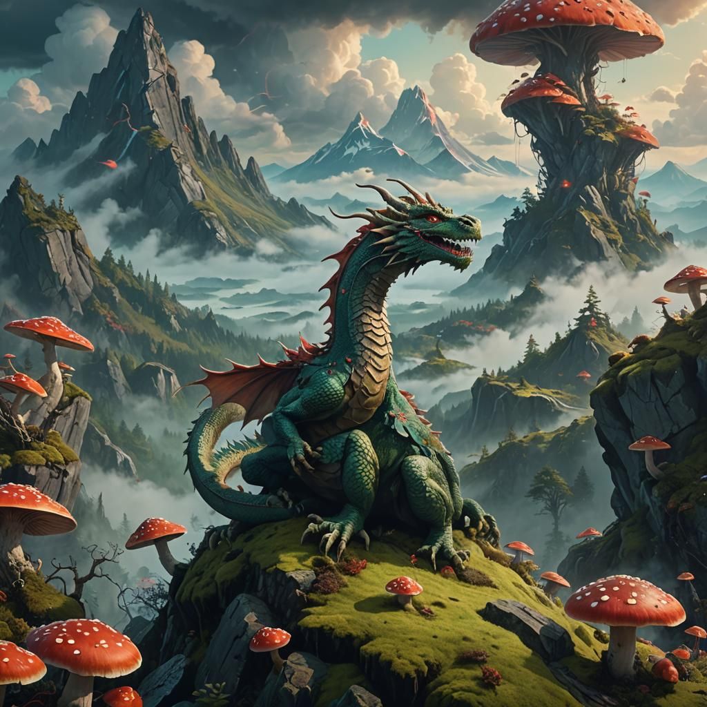 Peaceful Dragon on Mossy Peak: Fantasy Matte Painting