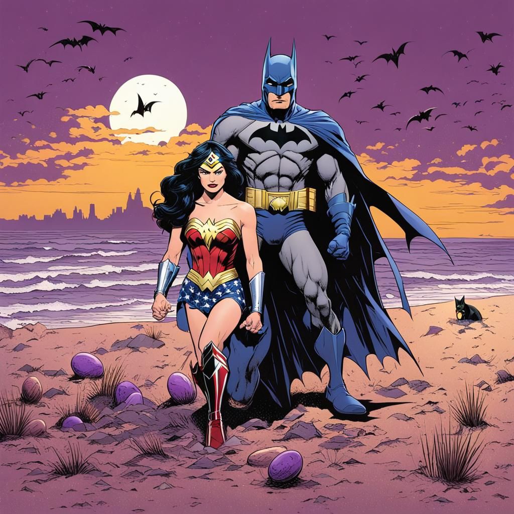 Batman and Wonder Woman on an Easter egg hunt in a purple sa...