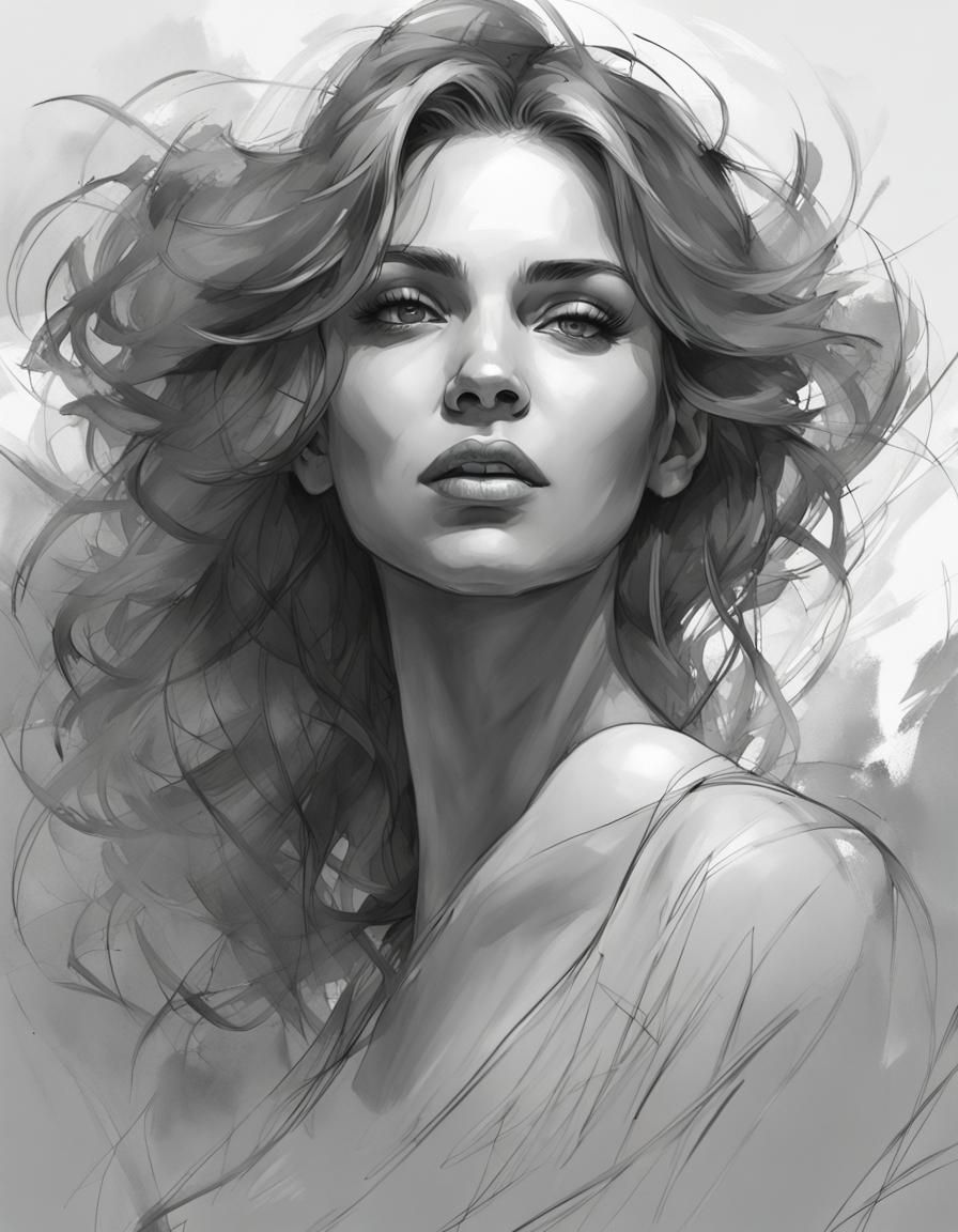 Monochrome Portrait of a Beautiful Woman in Art Nouveau Styl...