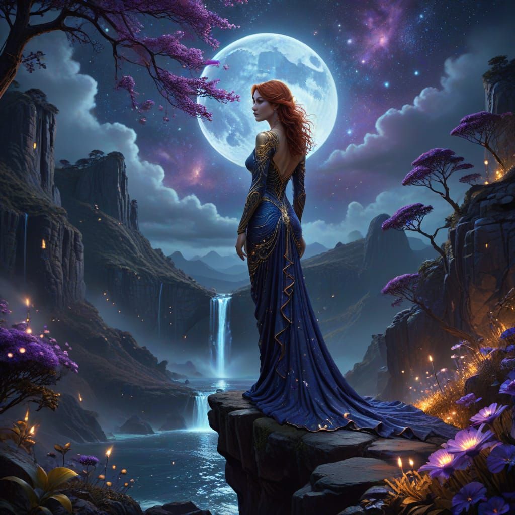Woman on Cliff Overlooking Alien Ocean Under Full Moon