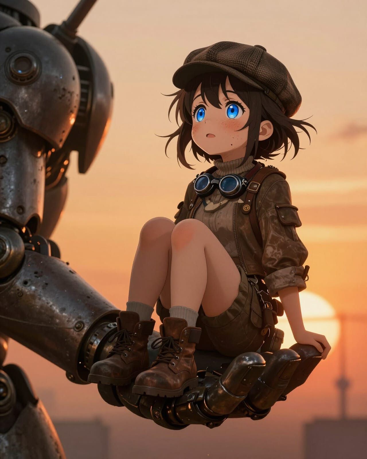 Steampunk Mechanic Girl Watches Sunrise from Giant Mech