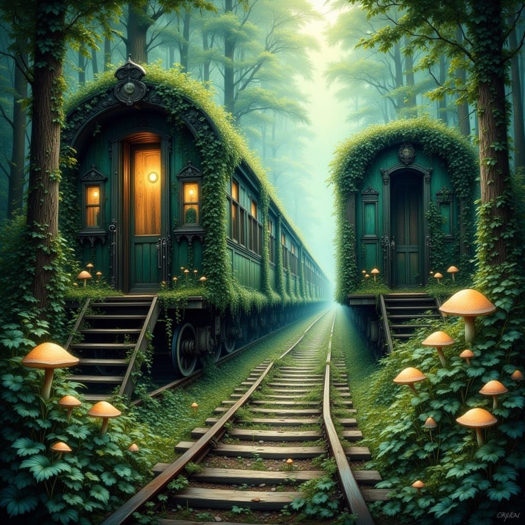 Enchanted Forest Train Station Overgrown by Nature