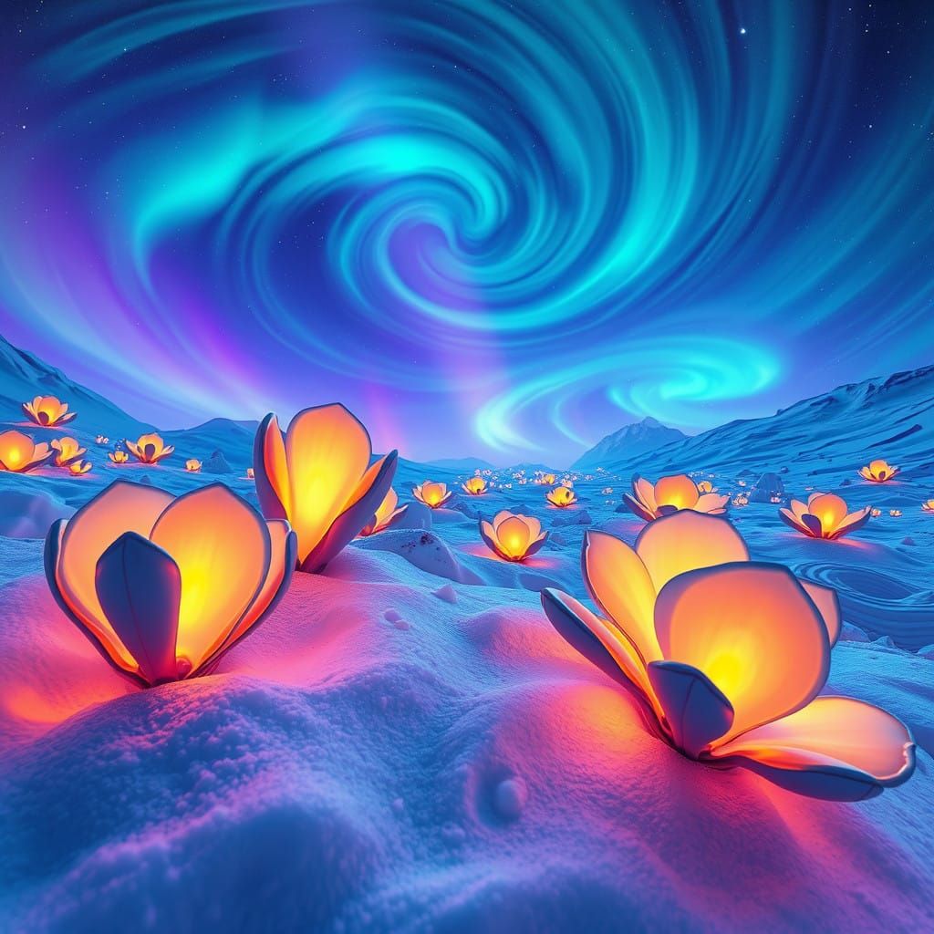 Ethereal Vortex: Alien Flora Thrives Amidst Crystal Snow