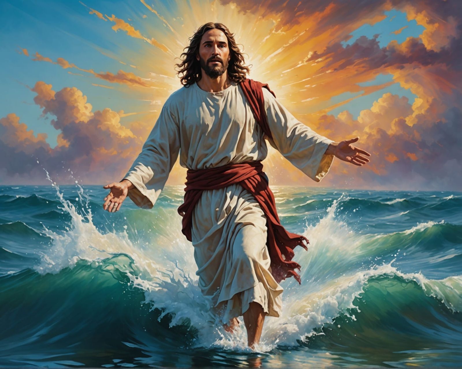 Jesus Walking on Water: Hyperrealistic Oil Painting